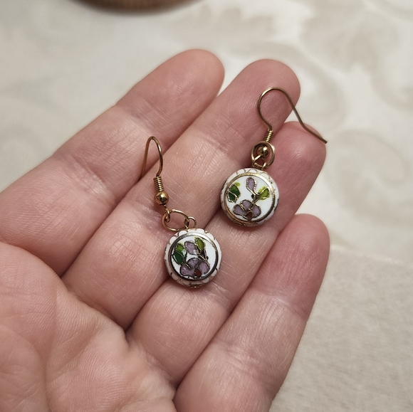 VINTAGE 80S PORCELAIN HANDPAINTED CLOISONNÉ STYLE DROP EARRINGS FLORAL ART - Picture 5 of 5